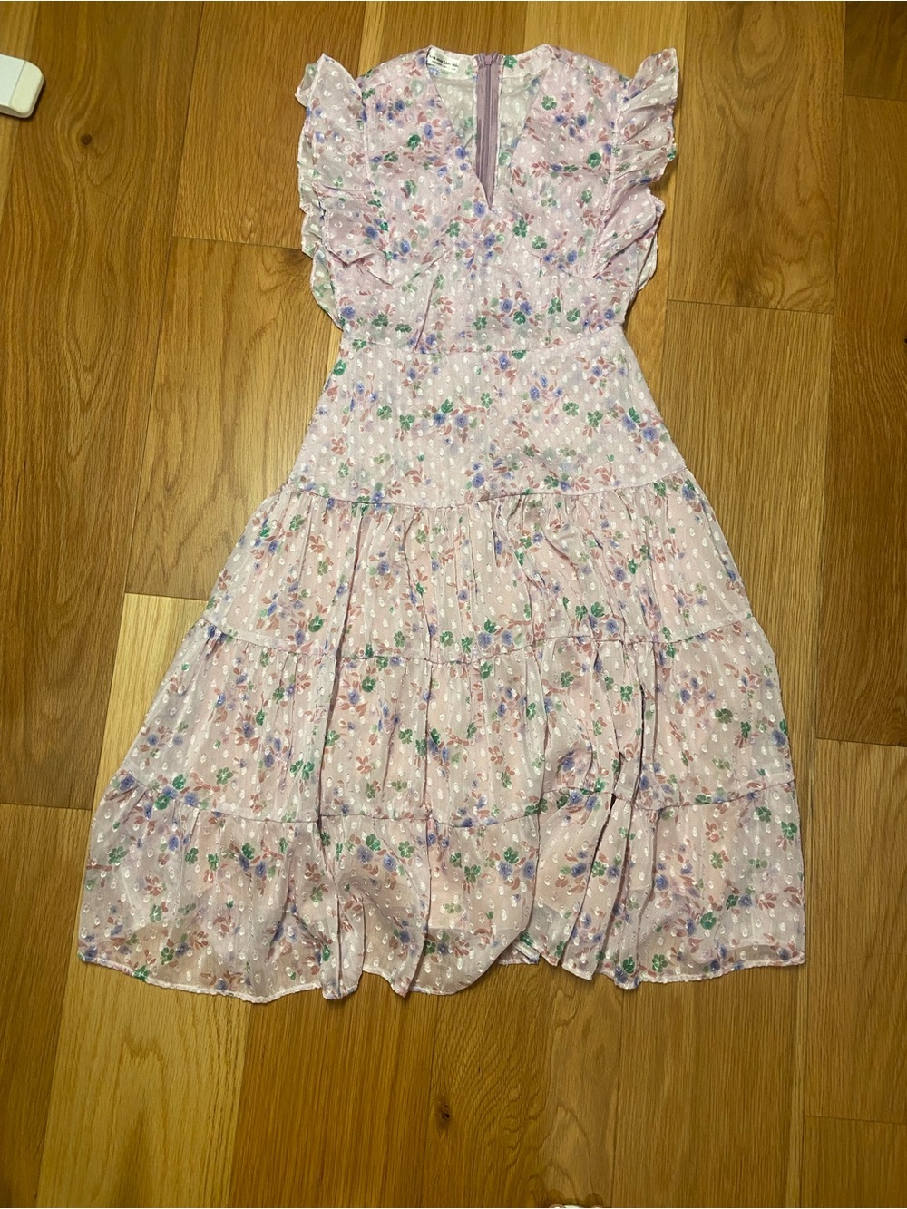 Pink Floral Tiered Midi Dress with Ruffle Sleeves